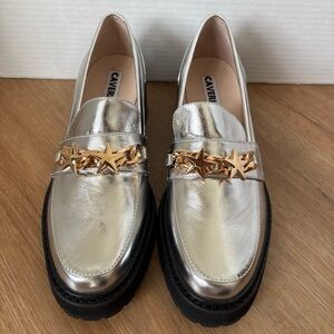 Anthropologie Metallic Silver Loafers with Star Detail. NEW